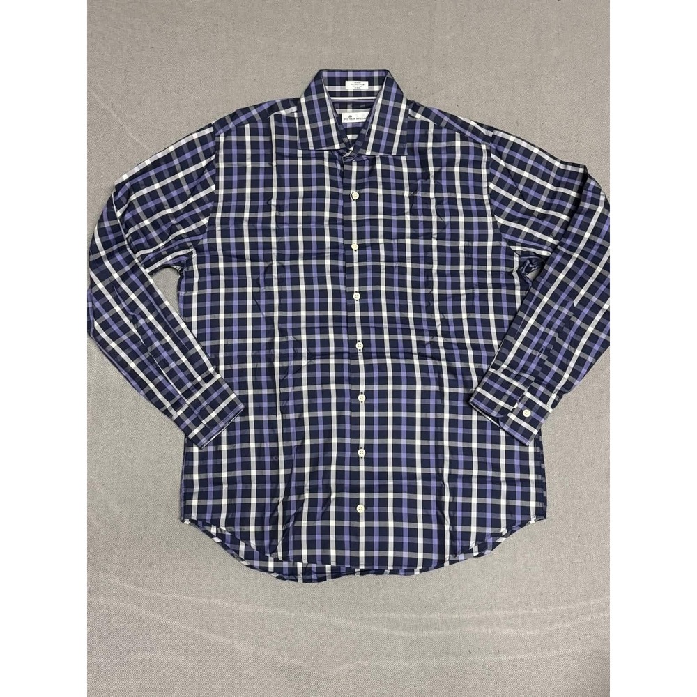 Peter Millar Mens Blue Plaid Cotton Silk Long Sleeve Button Up Shirt Size M